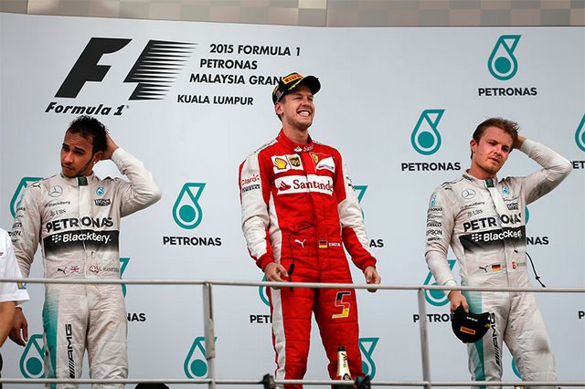 The winner's podium at the 2015 Malaysian F1 Grand Prix.